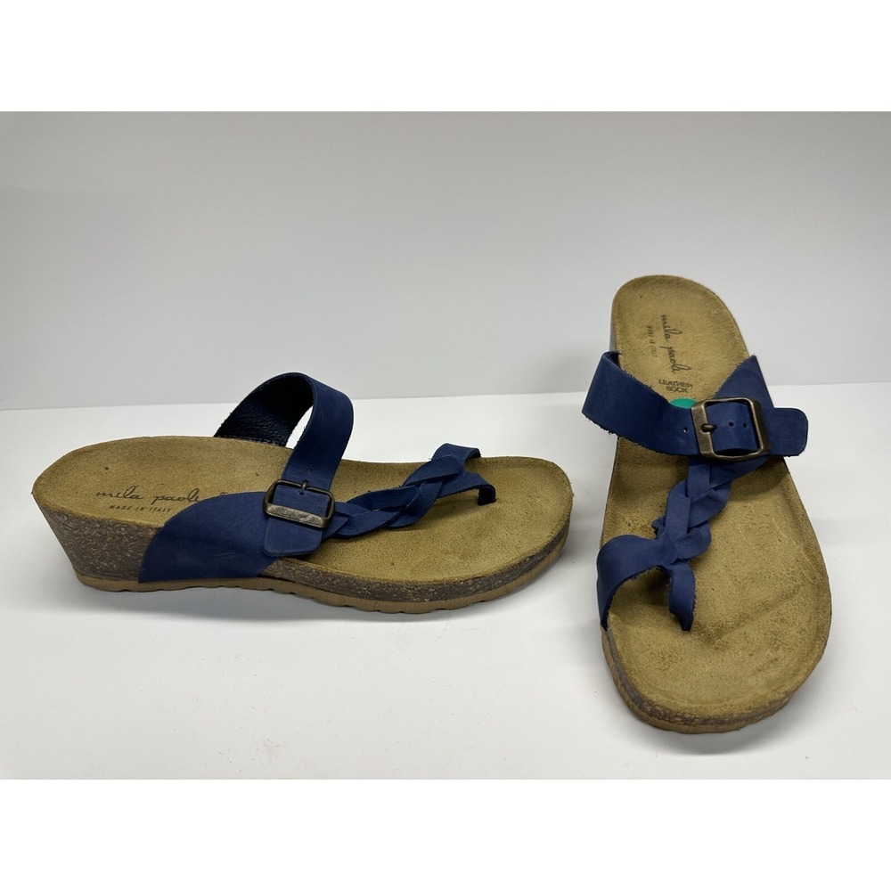 MILA PAOLI Blue LEATHER Women Size 8 BRAIDED Thong Wedges Slides ITALY